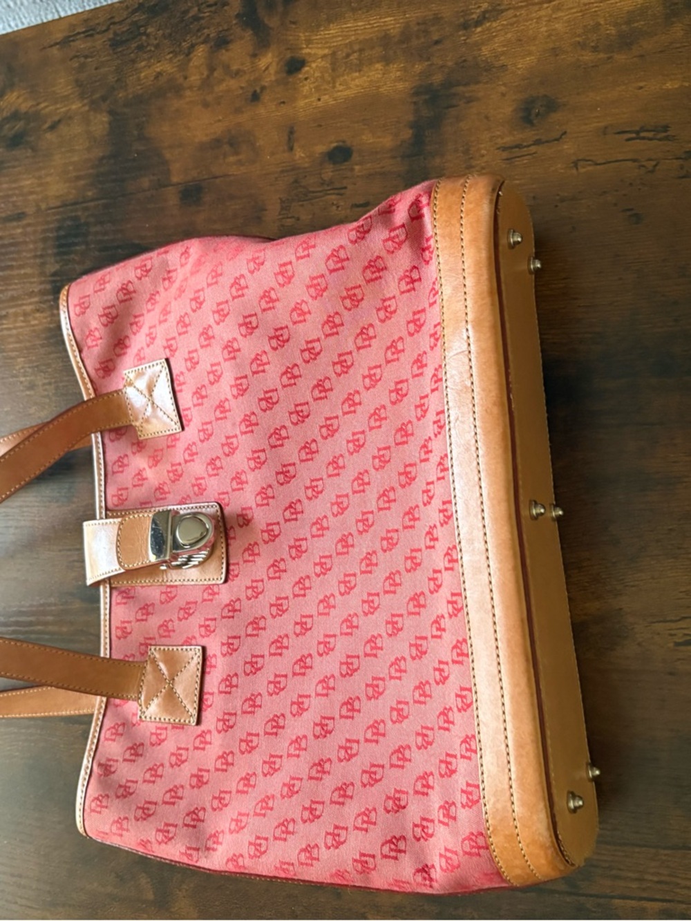 Dooney & Bourke Red Signature Canvas Tote with Tan Leather Trim